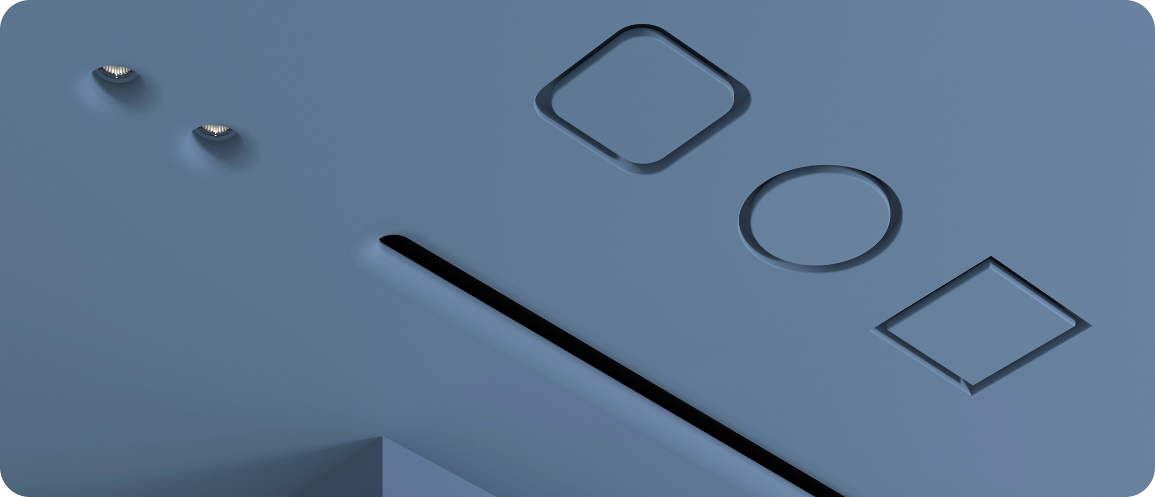 Голубой потолок со скрытыми диффузорами, точечными светильниками и линейной щелью